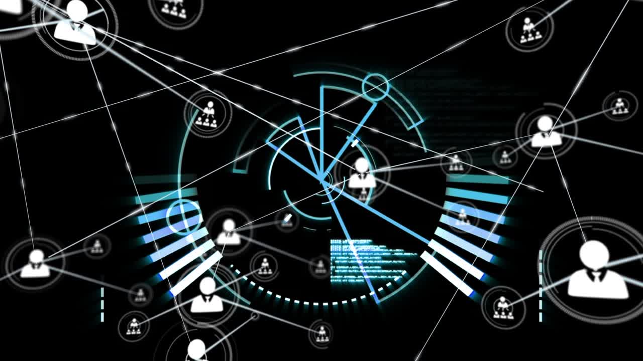 Анимация сети связей на фоне сканирования и обработки данных на черном фоне.
