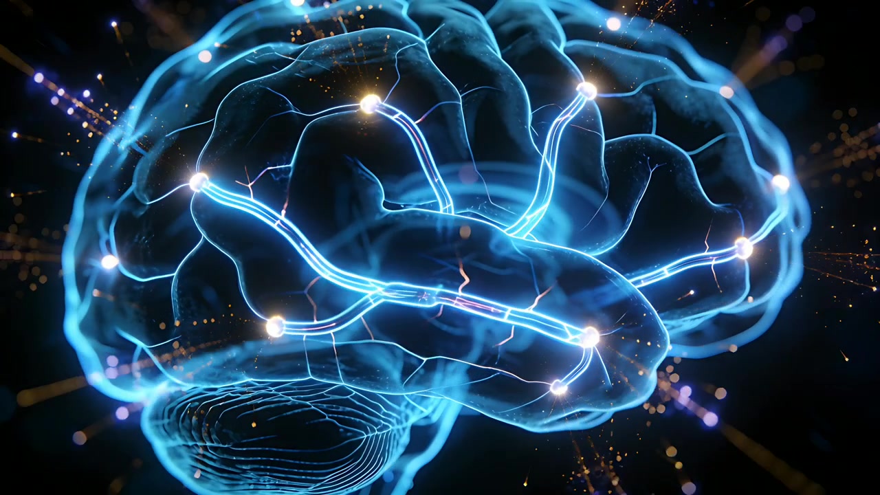 Pulses appearing on hologram brain in dark field, traveling along neon tracts, showing activity