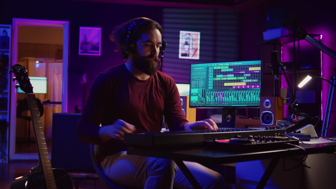 compositor tocando la guitarra y el teclado de piano electrónico en su estudio casero