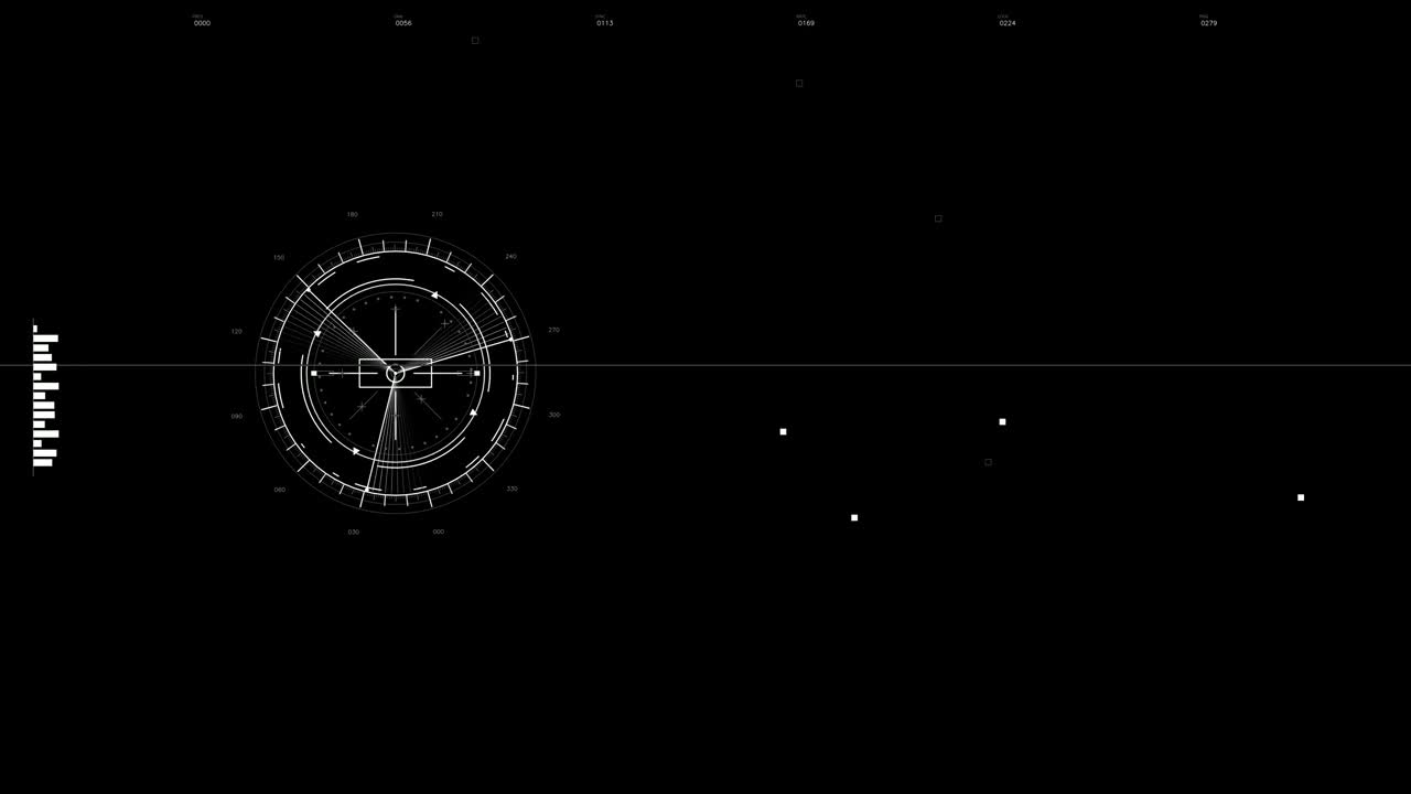 La scena mostra un filmato in stock di animazione HUD di una GUI militare di guerra. Diversi elementi e modelli sono visibili sullo schermo. I dati sono presentati in diversi formati per un'ambientazione fantascientifica.