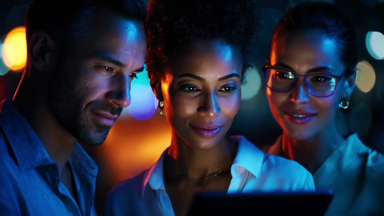 Tre persone vivono un’esperienza coinvolgente mentre esaminano contenuti su un dispositivo immerso in una mistica atmosfera notturna ricca di colori vivaci e luci soffuse
