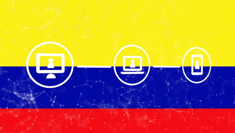 animación de iconos y red de conexiones sobre la bandera de colombia