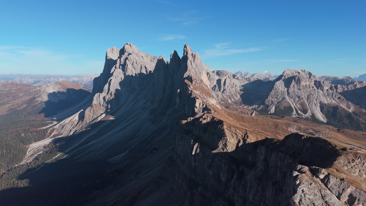 Jagged Seceda ridgeline of Dolomite Alps, famous tourist attraction. Aerial