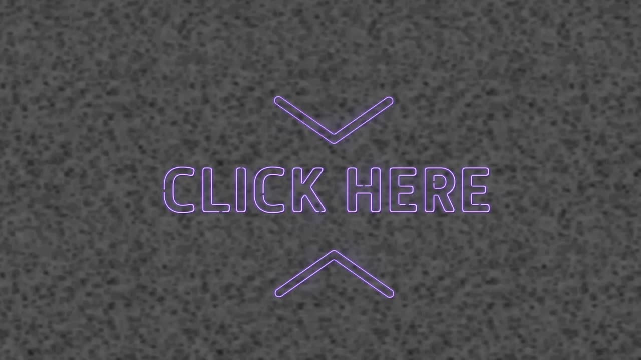 animación de texto de neón púrpura, haga clic aquí, en fondo de textura gris