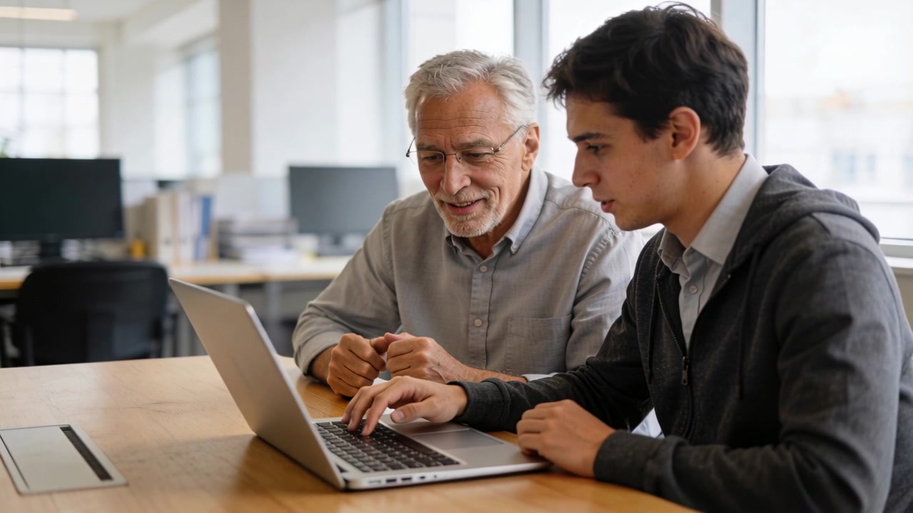 Treinador orientando o treinamento do estagiário, apontando enquanto o estagiário digita em um laptop prateado com colete de escritório