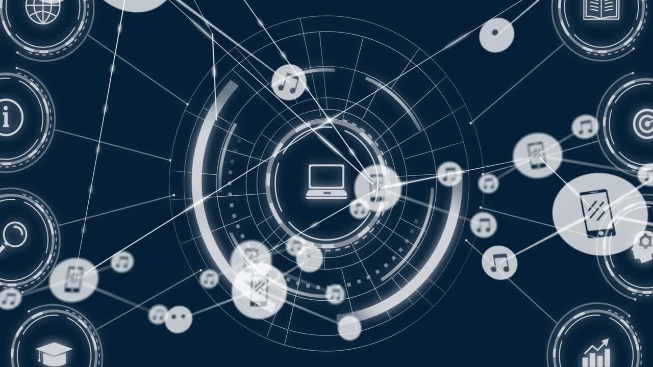 Animation of network of connections with icons over business icons