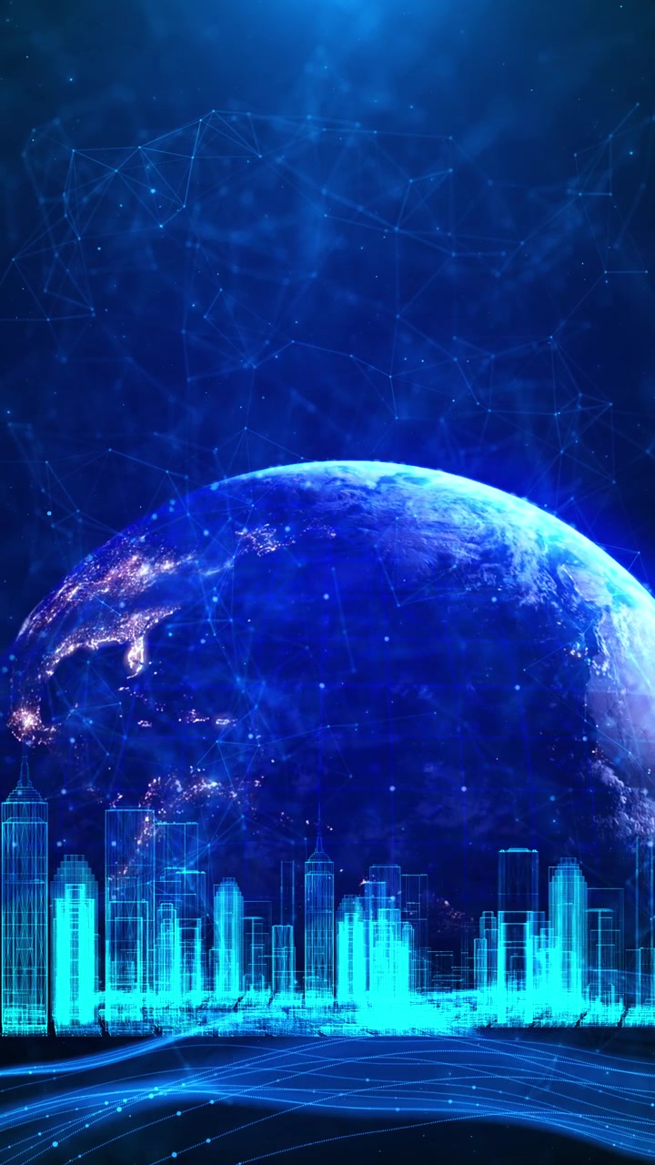 Global technology city visual features blue earth connected network lines futuristic skyline ai