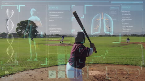 Baseball player preparing to bat with health data animation over field