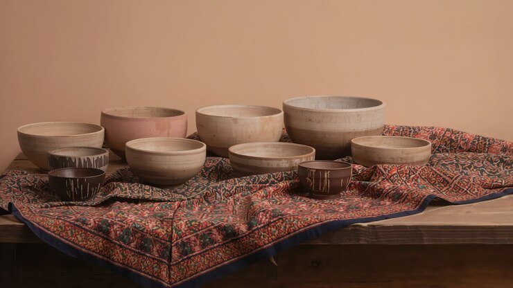 Shifting camera moving viewpoint on studio tabletop, showing nine ceramic bowls on patterned cloth