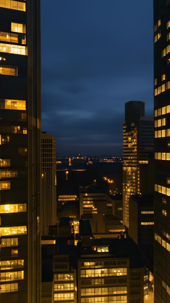 Vertical video: Fading dusk sky shifting skyline and towers from office window, capturing nightfall