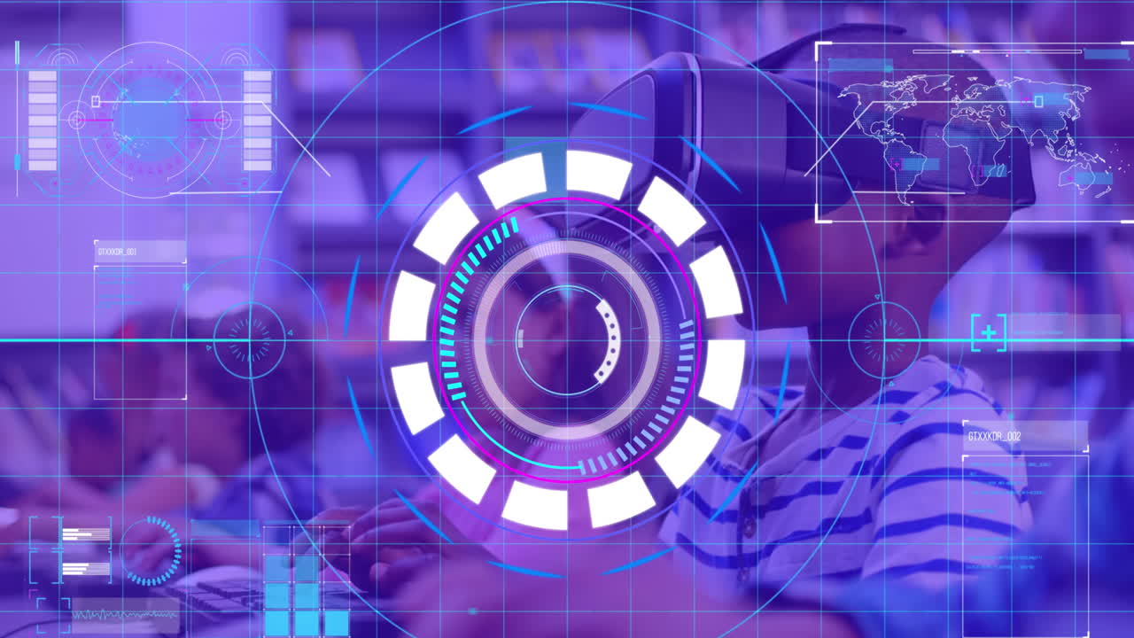 procesamiento de datos y escaneo de alcance sobre un niño afroamericano que usa auriculares vr usando una computadora