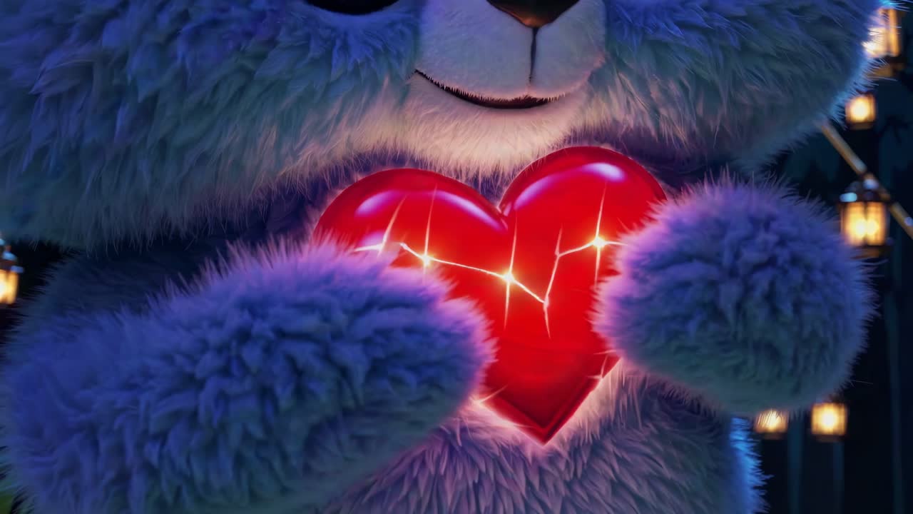 Fluffy blue fantasy creature is holding a glowing red heart with cracks emitting light, surrounded by warm, glowing lanterns in a nighttime setting, creating a magical and heartwarming atmosphere