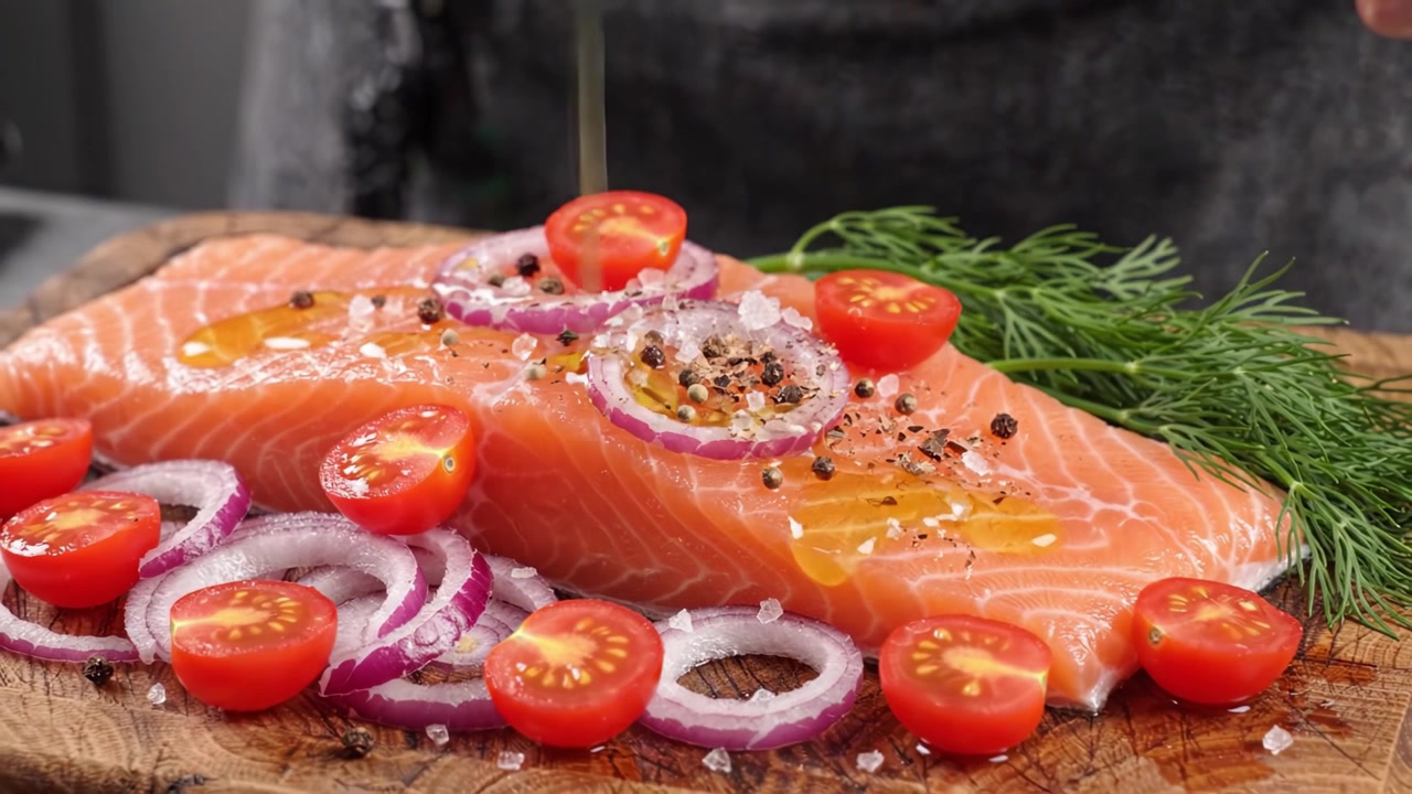 Preparazione di Salmone Fresco con Pomodorini e Cipolle Rosse: Un Viaggio Culinario dagli Ingredienti Crudi a un Piatto Delizioso