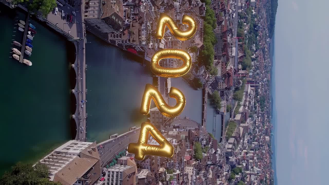 취리히 시의 수직 공중 풍경: 리마트 강과 2024 년 새해 숫자