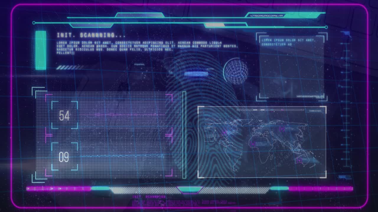 Animation of data processing on moving screens over blue background