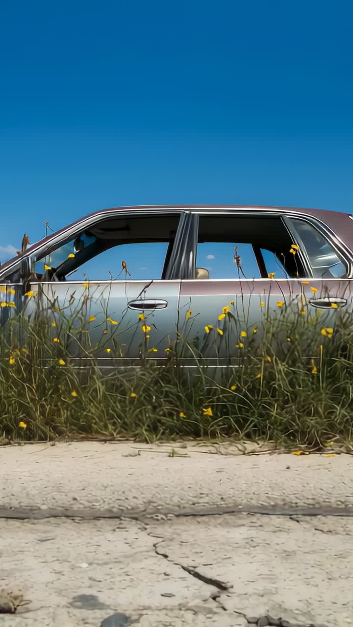Vertical video: Initiating camera panning rural roadside, revealing silver sedan and wildflowers