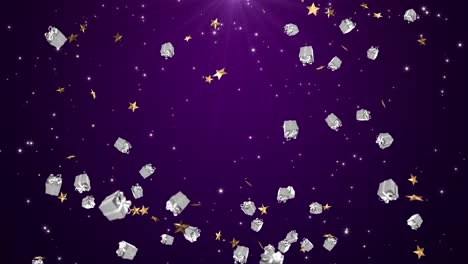purple confetti snowflakes and bokeh lights on the red loop 4k 3d background 2023 new year merry