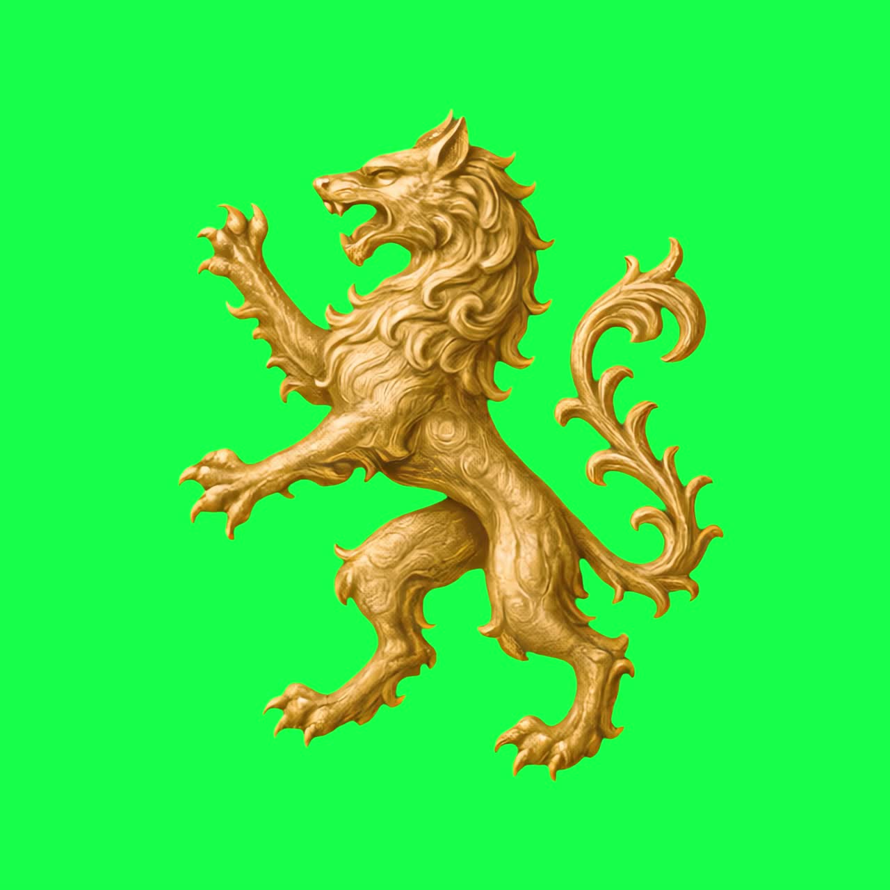 Golden heraldic lion emblem animation, transparent 4K video, green screen