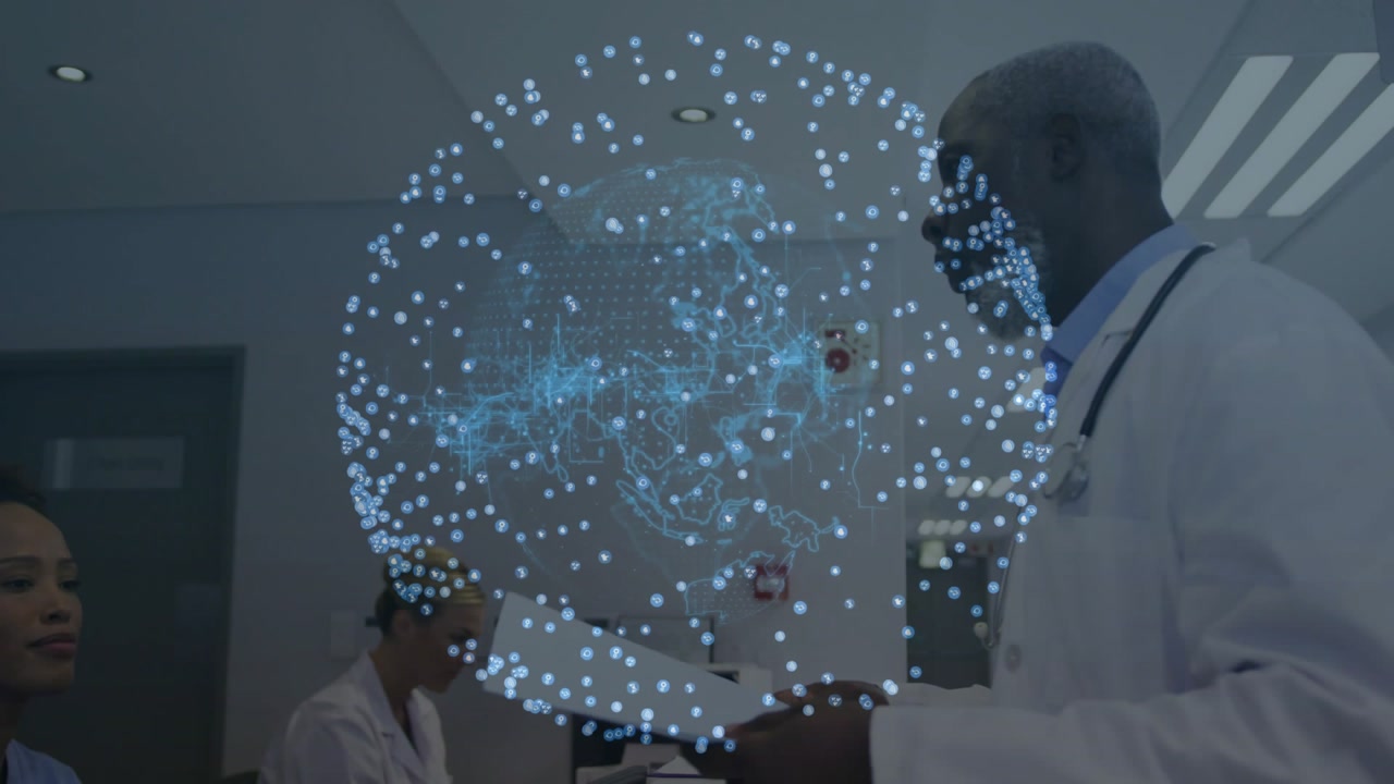 Vertical video: Physician handing charts to staff in clinic for patient review, globe forming nodes