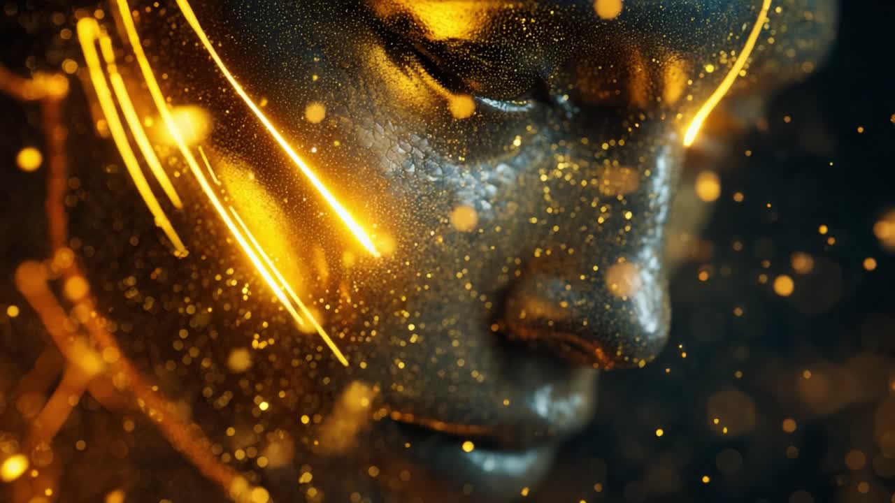 Serene face undergoing a futuristic spiritual awakening as streams of glowing light and golden particles flow around, symbolizing digital integration of mind and soul