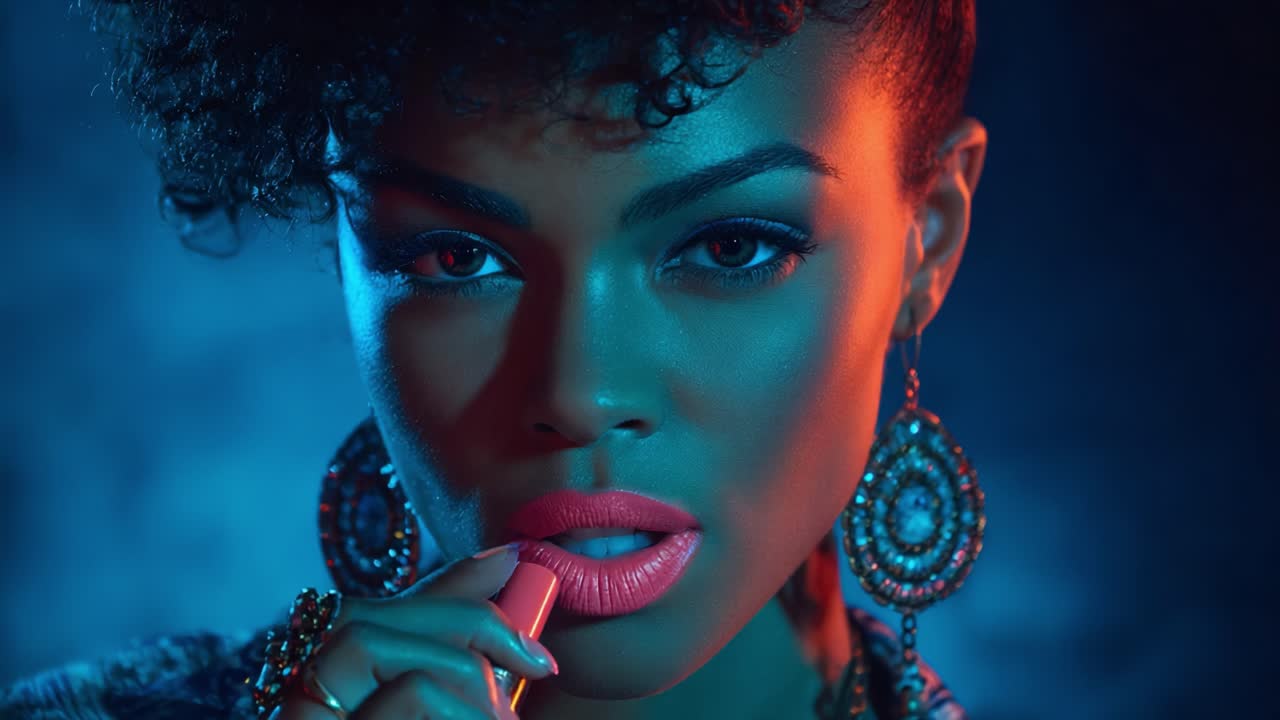 Dramatic Close-Up of a Stylish Model Holding Lipstick Under Colorful Lighting, Emphasizing Beauty and Elegance in a Modern Setting