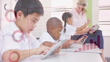 children using tablets in classroom with data analysis animation over them