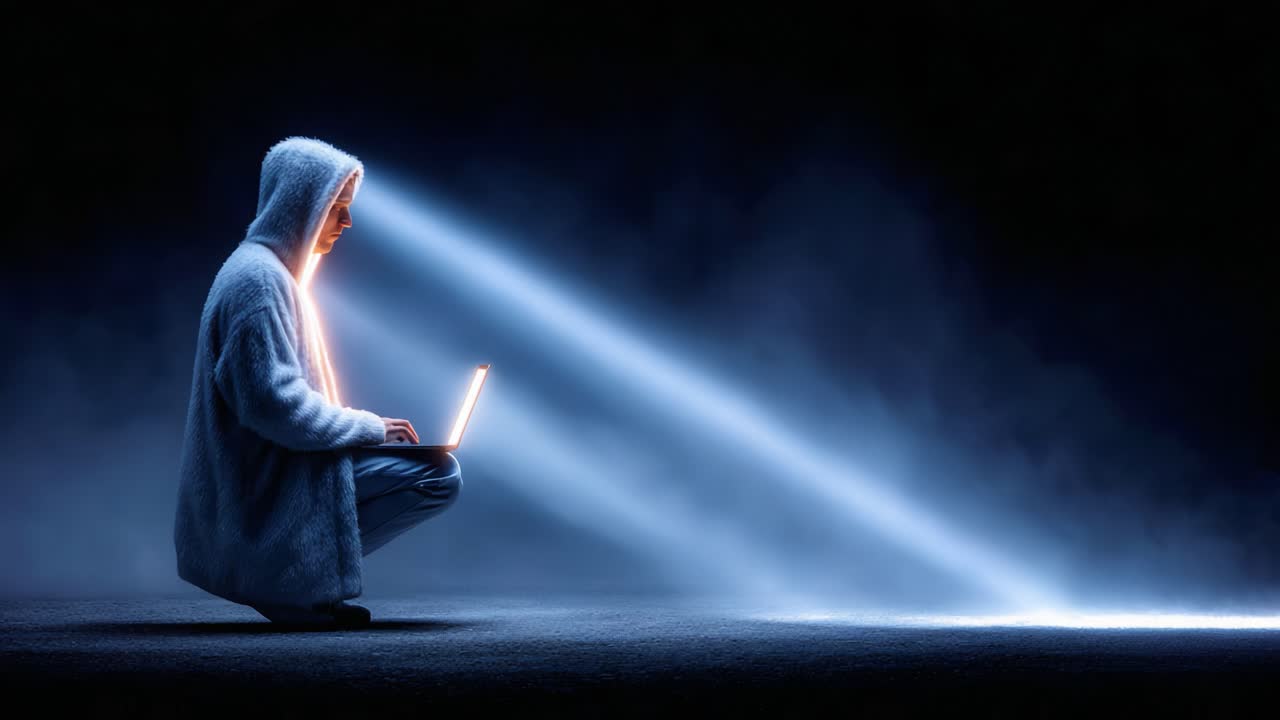 A solitary figure in a hooded robe, illuminated by beams of light while intently focused on a laptop, represents the fusion of technology and introspective creativity in a darkened environment