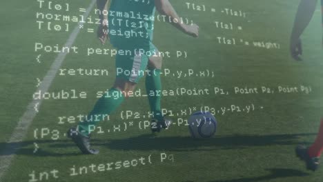 data processing against low section of team of male soccer players playing football on sports field
