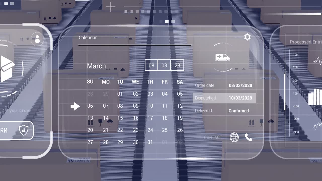 Animation of data processing on screens over cardboard boxes on conveyor belts
