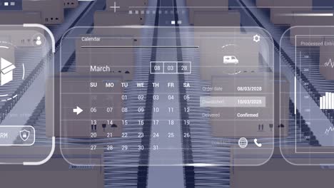 animación del procesamiento de datos en pantallas sobre cajas de cartón en cintas transportadoras