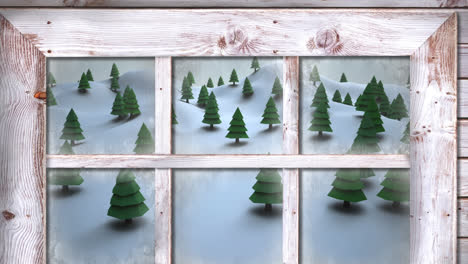 Holzfensterrahmen-Vor-Mehreren-Bäumen-In-Der-Winterlandschaft