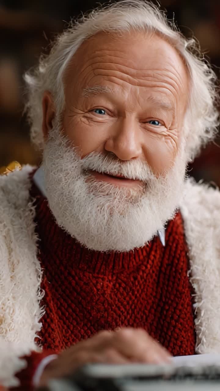 Un uomo anziano e felice con la barba bianca e un sorriso caloroso in un ambiente accogliente e festoso, che celebra la magia della stagione e diffonde felicità con il suo atteggiamento allegro