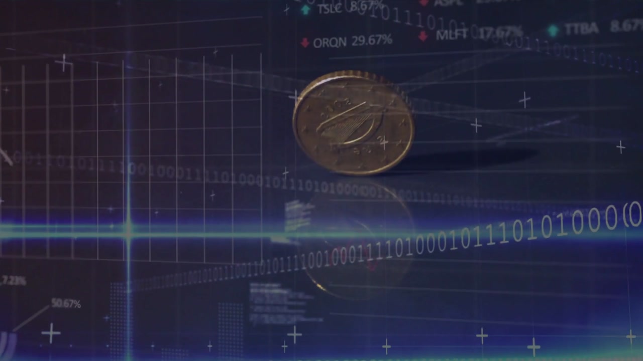 Gold coin rotating wobbling via binary input, mirroring on glossy plane while showing market charts