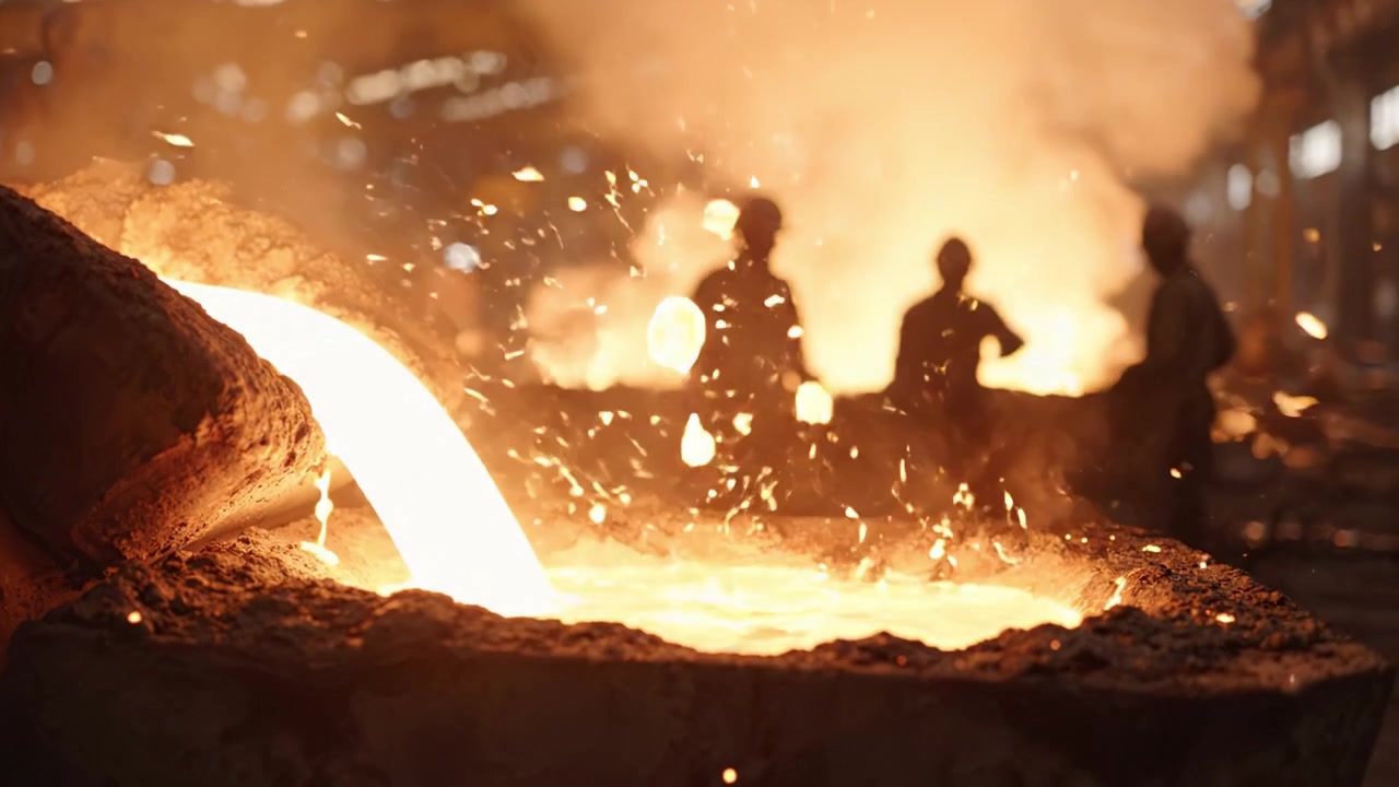 Colata di metallo fuso e operai in azione in una fonderia: il calore intenso e il processo dinamico della fusione del metallo catturati in un ambiente di produzione.