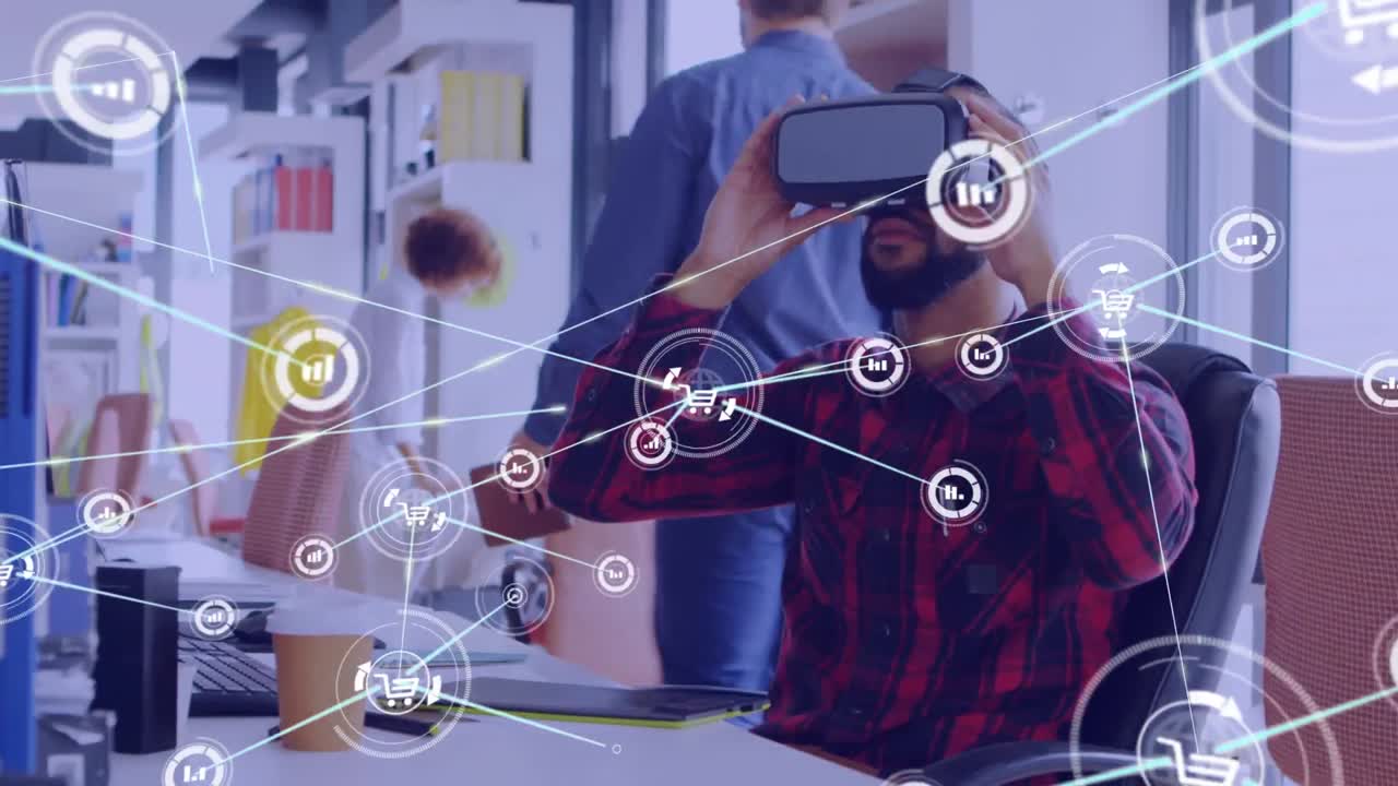 animación de la red de conexiones con iconos sobre diversas personas de negocios que usan auriculares vr