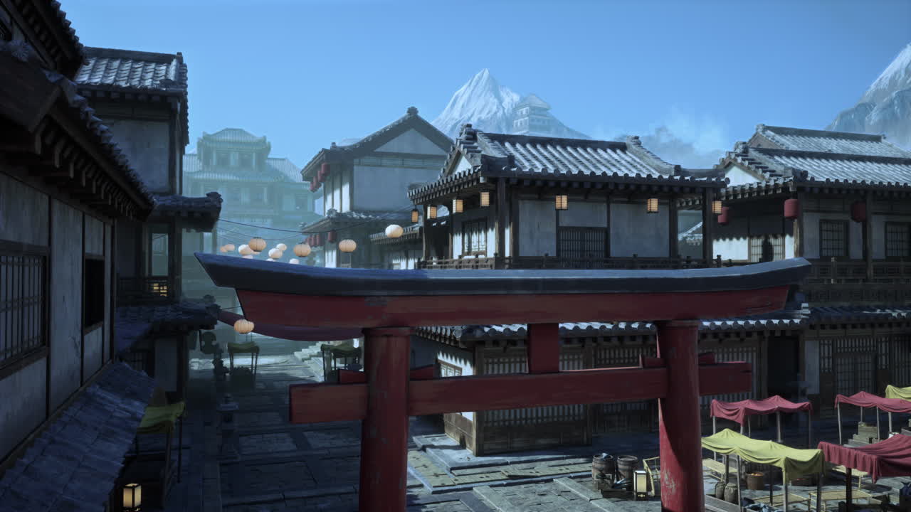 calle tradicional japonesa con la puerta torii