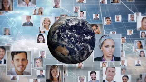 animación del globo girando sobre fotos de diversos hombres y mujeres de negocios