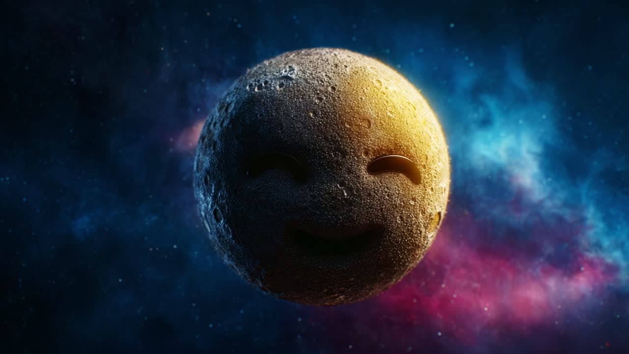 A Cheerful Celestial Body: Explore the Whimsical Charm of a Smiling Moon as It Gleams Brightly Against a Stunning Cosmic Backdrop of Colors and Galactic Elements