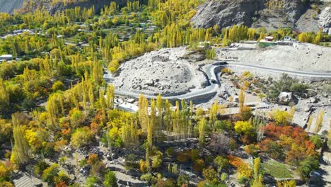 panning drone shot of curvy roads of skardu city in pakistan