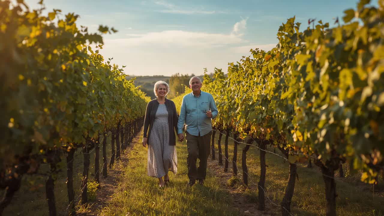 Walking senior couple in light dress and blue shirt, holding hands in vineyard rows, following sun