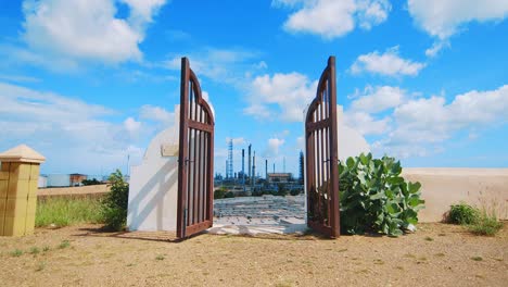 reveal shot of a large empty cemetery with an industrial refinery in the distance in curacao