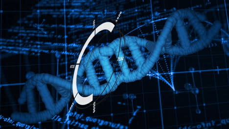 animation of digital data processing over dna strand spinning on black background