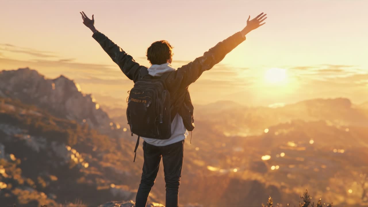 A person stands triumphantly on a mountain peak at sunrise, arms raised