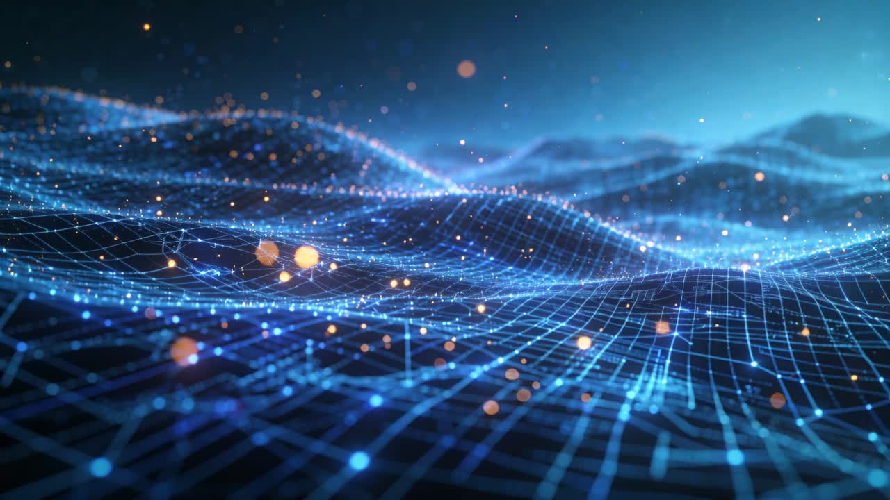 Rolling blue grid pulsing nodes while camera drifting forward revealing ridges, orange particles