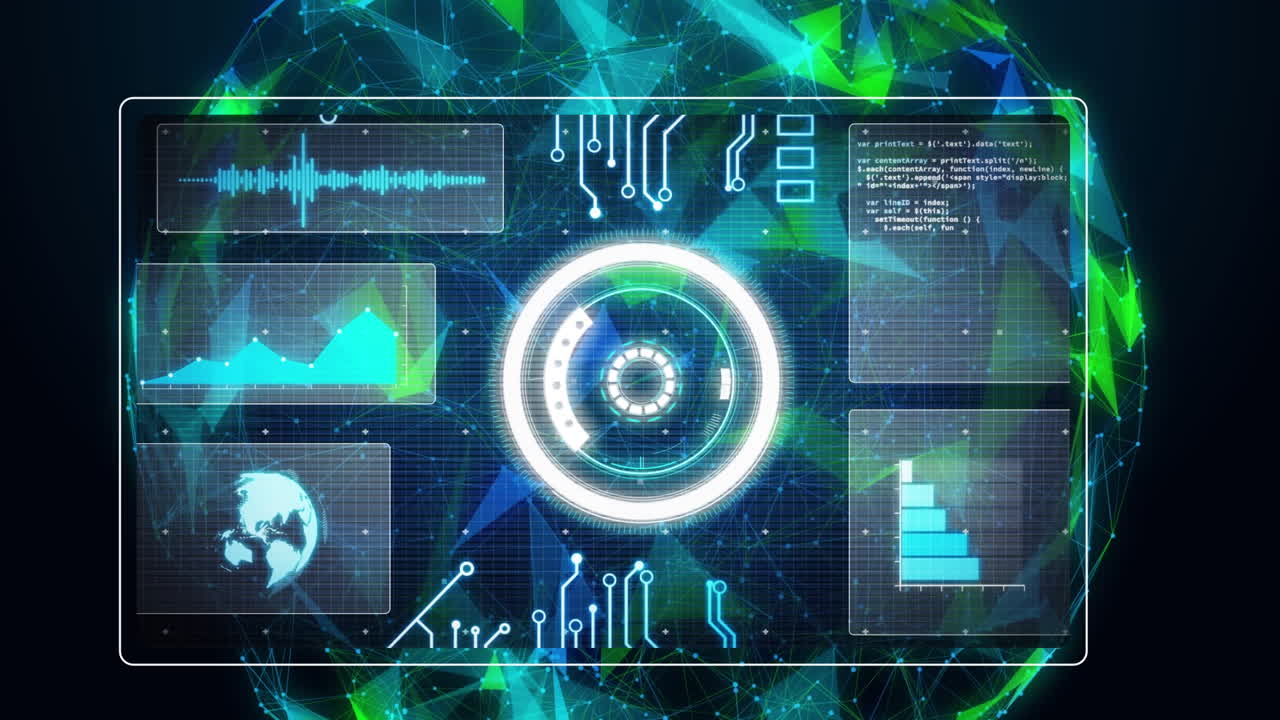 animación del procesamiento de datos con escaneo de alcance sobre el globo de conexiones en fondo negro.