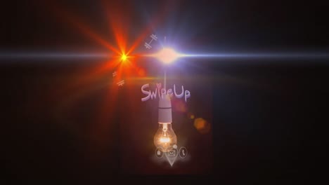 animation of multicolored lens flares flying around swipe up text with up arrow sign and light bulb