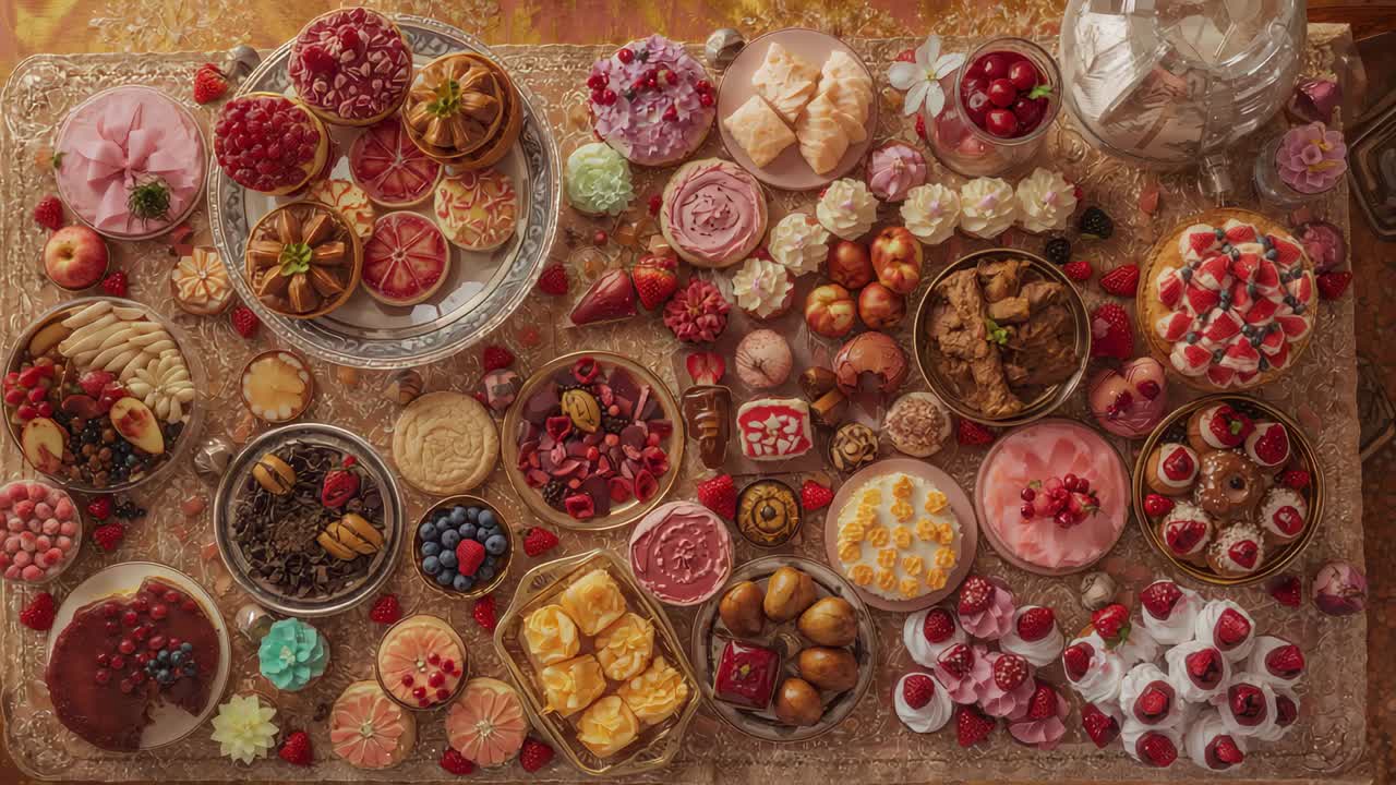 Gleitende Kamera, die sich nach rechts verschiebt und das Dessert auf dem Tisch neu ausrichtet, wobei Törtchen hervorgehoben werden