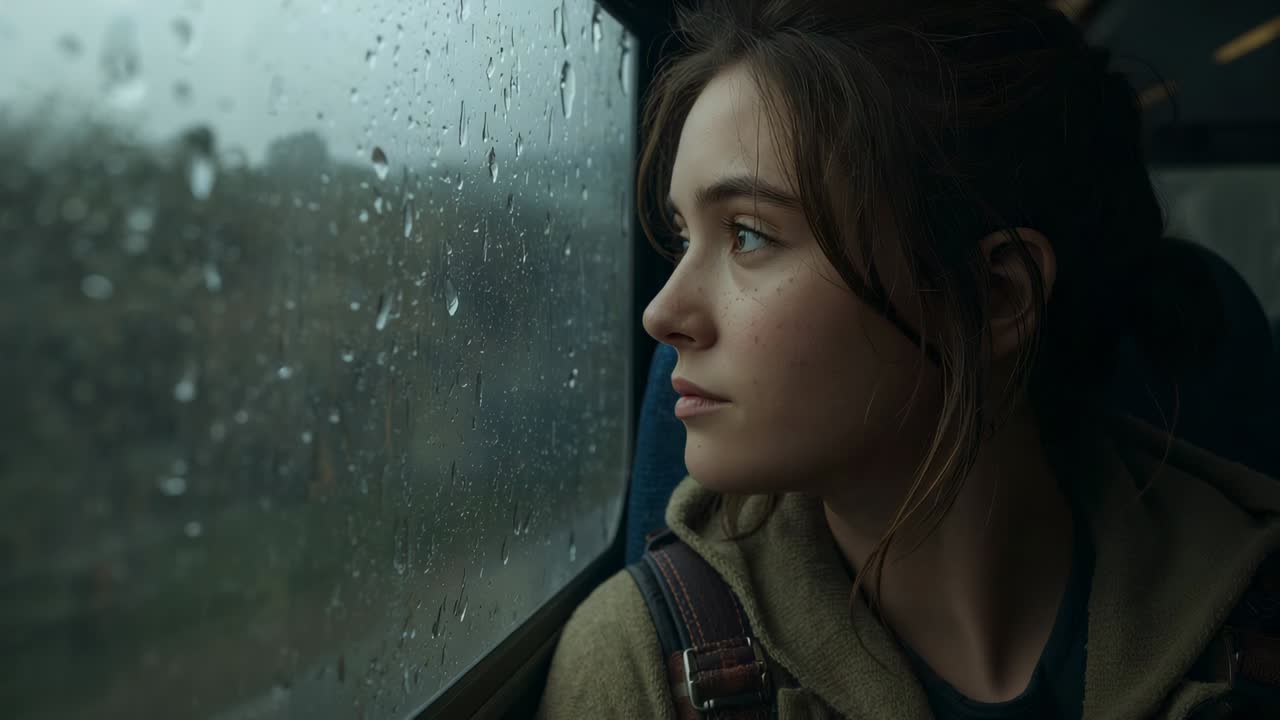 Mujer pensativa apoyada en la ventanilla del tren, pensando mientras el tren avanza, con la lluvia deslizándose, sudadera con capucha y mochila, con espacio para texto.