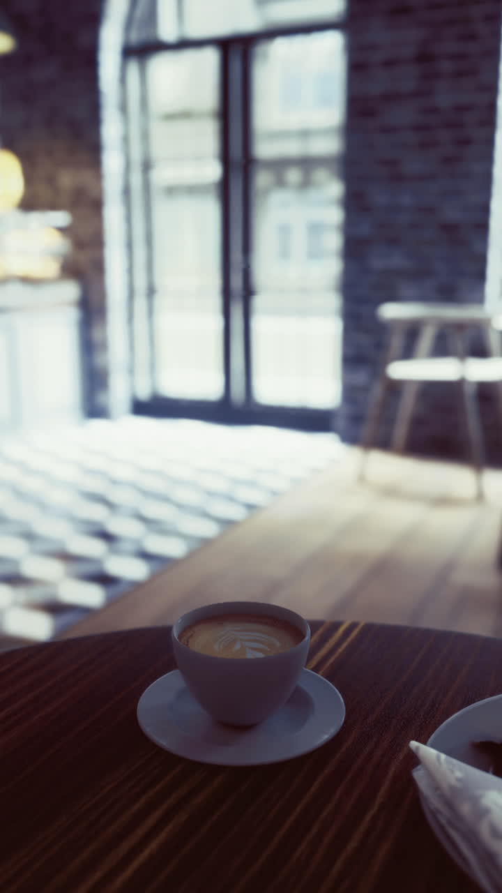 Cozy cafe setting with coffee and pastry in a stylish interior