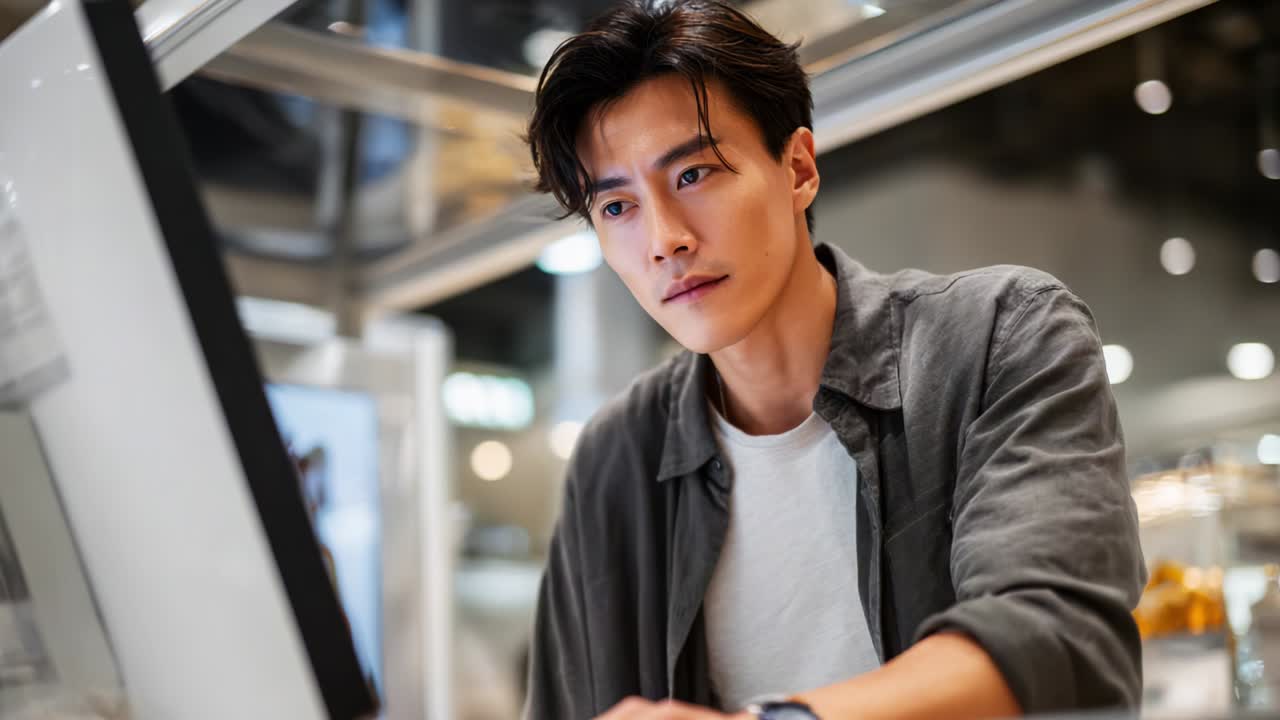 Focused Male Engaged in Interactive Digital Experience, Featuring Modern Technology in a Contemporary Setting with Attention to Detail and a Thoughtful Expression Communicating Concentration